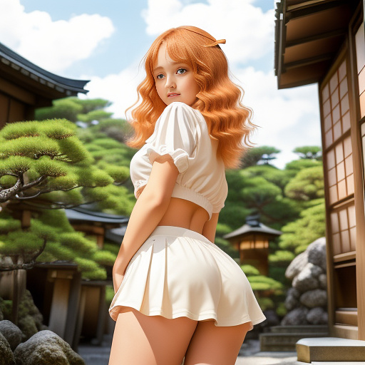 Little young girl whit curvy and fluffy hair orange short size hair, short pants and mid size tight skirt, tiny stature and round eyes, flat chest whit tight legs, doing a pose that curve her body flirting and front on camera wile smile.
in the garden of a house in anime style