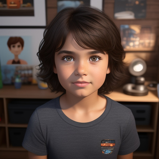 A nine year old boy with dark brown messy hair, dark brown eyes, a round face and wearing a dark blue tee shirt in disney 3d style