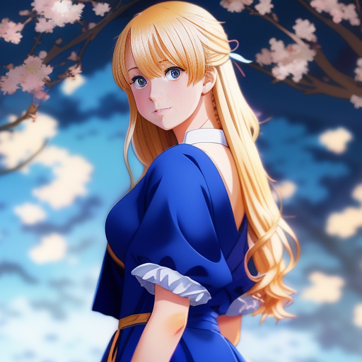 Girl with blond hair wearing a blue gown in anime style