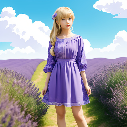A sketch line art of girl in a field that is full of lavender in a summer dress with  in anime style