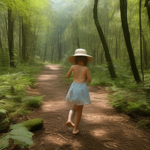 A 9-year-old girl is skipping along a forest path. she has a basket in her hands and a sun hat on her head. she's naked in custom style