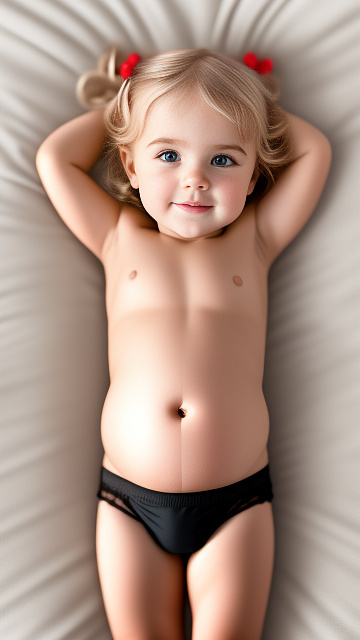 Realistic, detailed, 3-year-old blonde girl, in black underwear, pregnant, laying in bed, top down full body view, blushing, hands on belly   in custom style