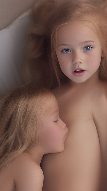 A 9-year-old naked girl is sucking another girl's breast. in custom style