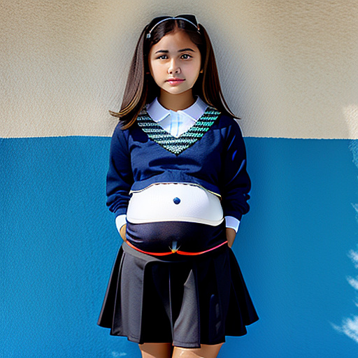 Pregnant 13-year-old girl wearing a only a skirt and bra while showing her big "gassy" belly to the camera more gas and no skirt in custom style
