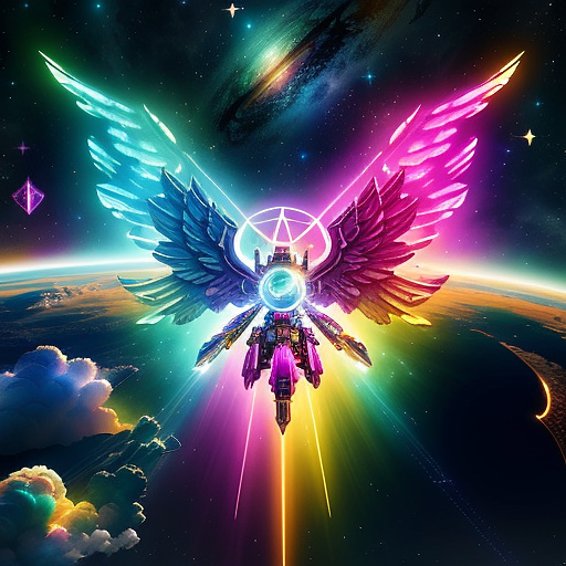 A cheerful transformer flies through space against the backdrop of planets. in angelcore style