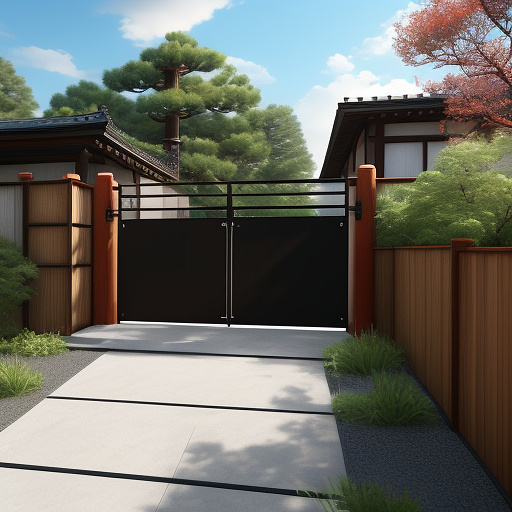 A wide shot of a modern house fence gate made of iron and wood, combining sleek metal frames with warm wooden panels. the iron features clean, geometric lines and a minimalist design, while the wood adds a natural, organic touch. the gate is set in a contemporary fence, surrounded by stylish landscaping. soft daylight enhances the materials' textures, creating a harmonious blend of industrial and natural elements. high-quality, photorealistic style, with attention to detail in the metalwork and wood grain. a worker smashing the door with a large heavy hammer. in anime style