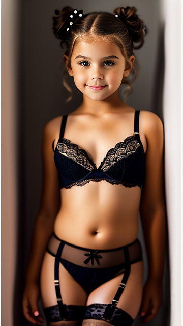8 year-old with very large breasts, cute, revealing lacy bra, caucasian, stockings, high-heels, full body, hair up in custom style