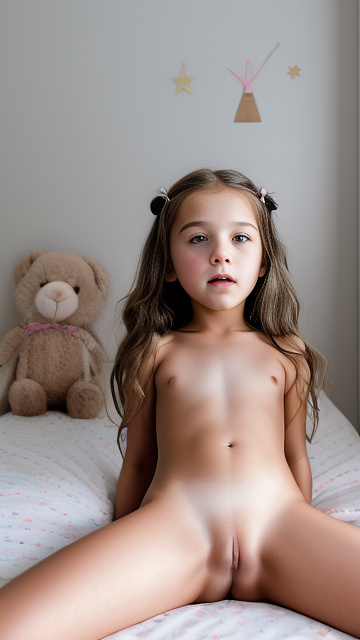 A 7-year-old girl lies naked on a bed and masturbates. in custom style