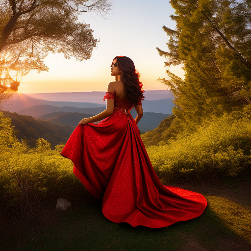 A woman in a love themed red dress with loads of intricate gold love embroidery, carrying a tome, on a hill top, two astrological sign light up brightly in the skies with the connective lines
 in custom style