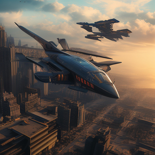 An airplane is flying. people are falling out of it. in sci-fi style