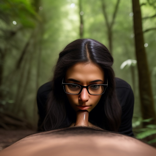 Ultra realistically a 22 year old girl with a black braid with glasses and brown eyes 1.70 large slim in the forest with a 40 year old man who penetrates his penis into her vagina a detailed third person point of view in custom style