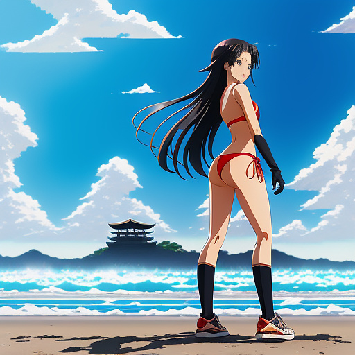 A beautiful, 11 year old girl with long black hair standing on the beach wearing a small red bikini, gloves and sneakers. full daylight, front facing, full body with legs shoulder width apart and filling the height of the image. in anime style