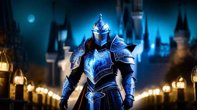 A fantasy blue armored knight at night under the moonlight in front of a dark cathedral in disney painted style