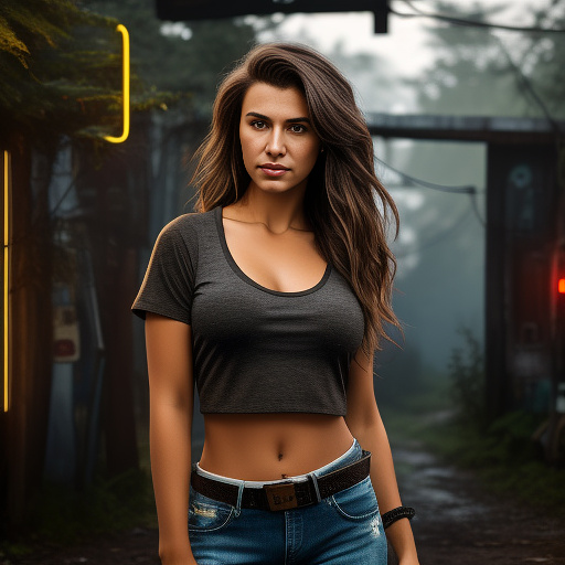 Extremely attractive 13 year old country girl with brown hair and big breasts wearing a really loose, dark brown, crop top t-shirt with jeans, boots, and a belt standing in front of a wood fence with chipped, white paint. in cyberpunk style