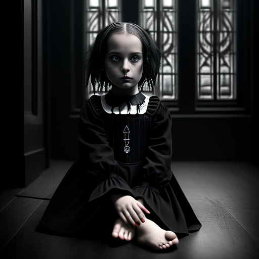 Little girl sitting, spreading her toes in front of camera in gothic style