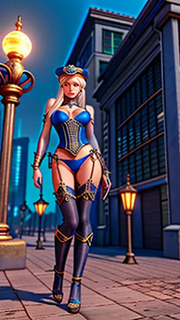 A blue skinned elf maiden resembling paris hilton with platinum blonde hair is looking at me seductively while she wields a golden dagger. the moonlight shines through her transparent spider silk lingerie revealing all her naked 
curves. her sandals are delicate and blue. show her full costume. in steampunk style