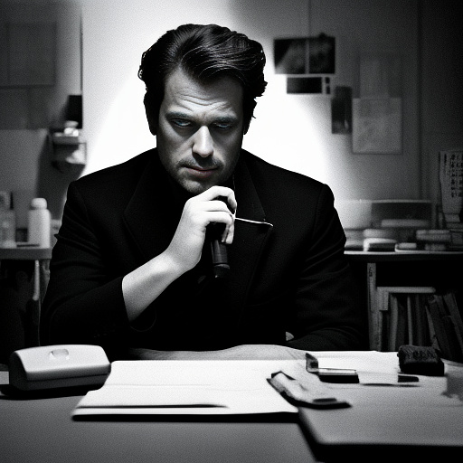 In a dark room, there is a telephone and a gun on the table. a man is sitting on a chair, and he is dead. in custom style