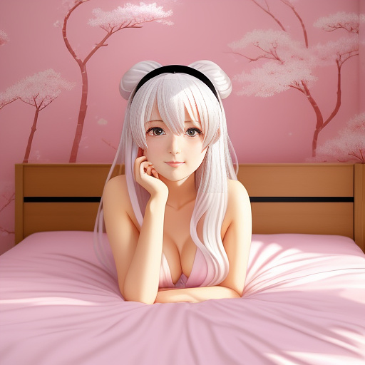 White-haired woman bed lying pajames pink drink in anime style