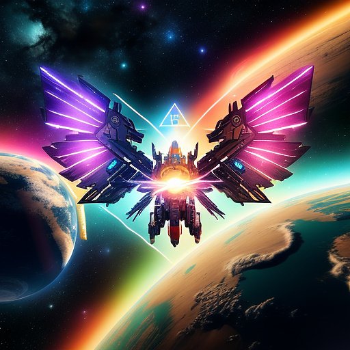 A cheerful transformer flies through space against the backdrop of planets. in angelcore style