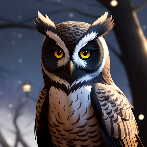 Combination of many owl types into an avatar. wise looking, feathers made of shadow. inside the shadow are glimmering little stars. in anime style