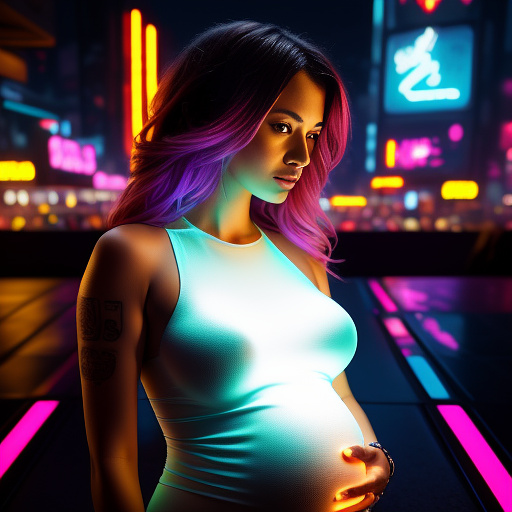 Draw a pregnant woman with skin made of shining chrome in cyberpunk style