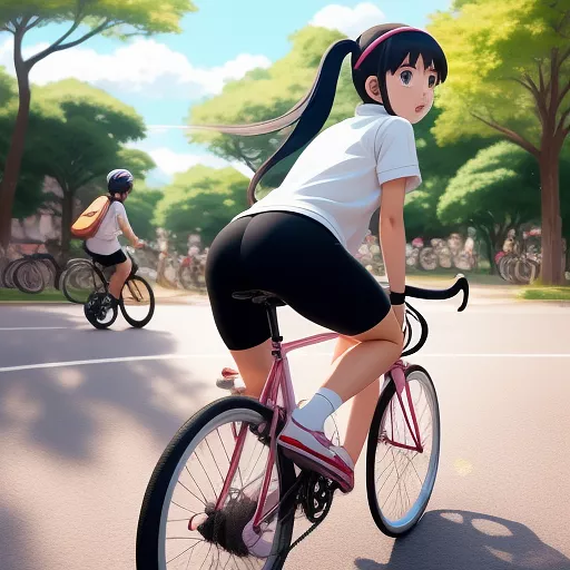 Girl riding bike shouting at 2 boys in anime style