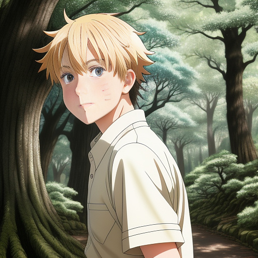 Blond boy in forest
 in anime style