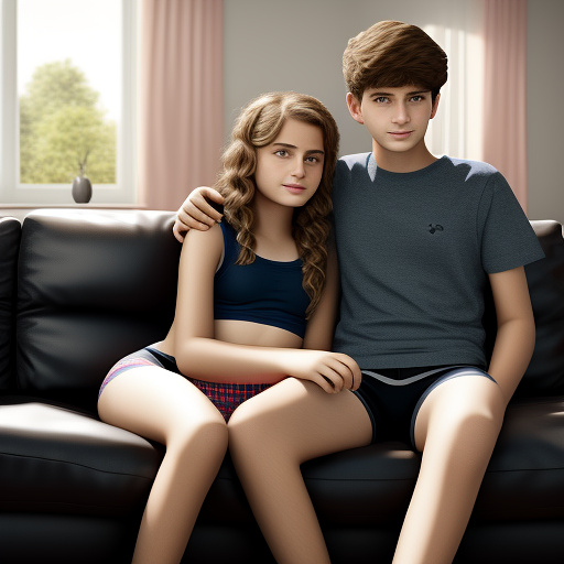 Ultra realistic a cute 14 year old german girl and her 20 year old brother are sitting on the sofa in the living room in their underwear in custom style