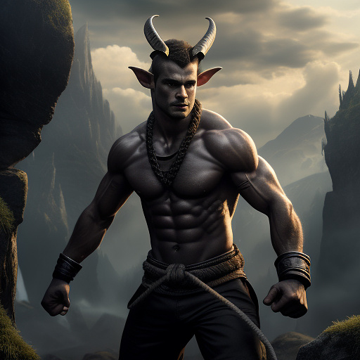 A buff gray-skinned young vampire man with argali horns shirtless with rope tied around his arms and fists, full-body in darkfantasy style