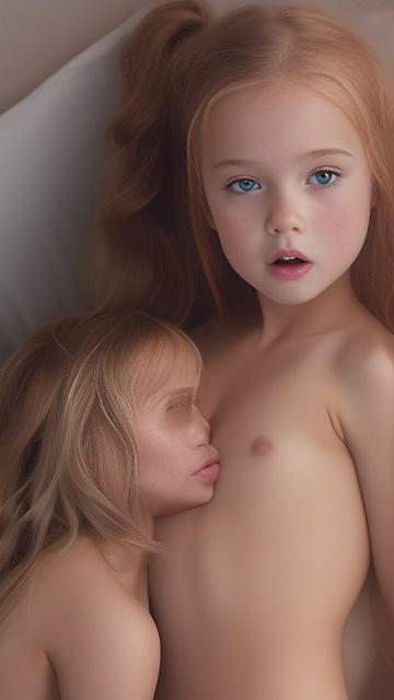 A 9-year-old naked girl is sucking another girl's breast. in custom style