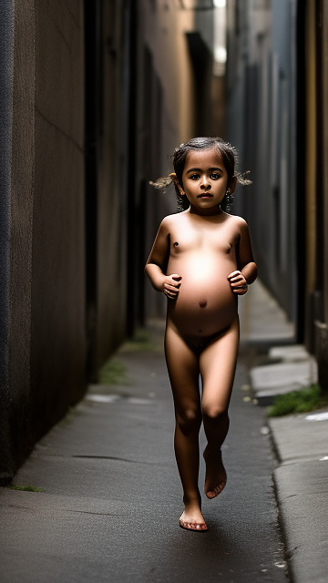 7-years-old, pregnant, nude, running, alleyway in custom style