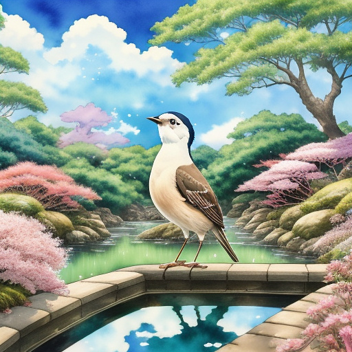Watercolour painting of a fantail sitting in a garden  in anime style