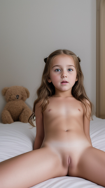 A 7-year-old girl lies naked on a bed and masturbates. in custom style