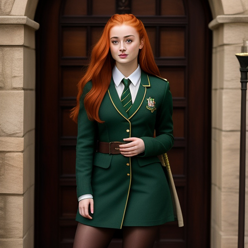 Sophie turner in full harry potter slytherin uniform with green pantyhose without shoes. in custom style