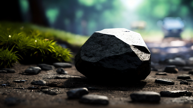 Shot of a small laying rock on the ground, hilux in the background, rock and dirty ground details, depth of field in anime style