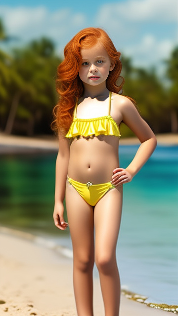 Realistic, detailed, 8 year-old  , yellow laced bikini ginger - standing in custom style