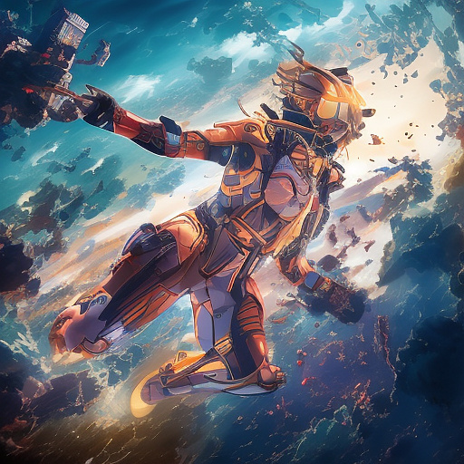 A cheerful transformer flies through space against the backdrop of planets. in anime style