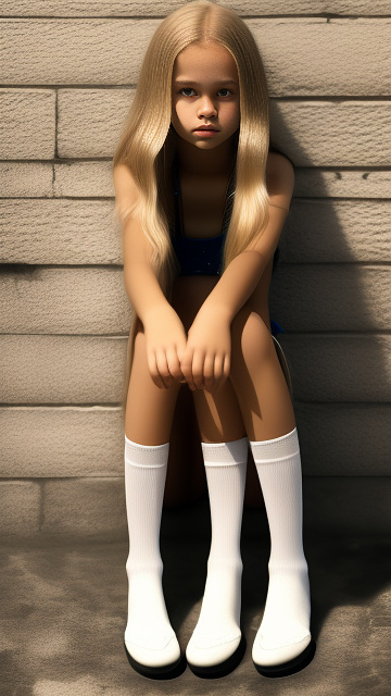 Realistic, detailed 12-year-old, blonde haired girl, wearing string bikini, full body length, wearing her rubber shoes, wearing her knee length socks, pale skin, standing, touching her knees with bare hands. in custom style