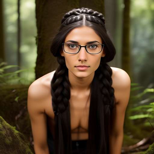 Ultra realistically a 22 year old german girl with a black braid with glasses and brown eyes 1.70 tall thin in the forest has sex with a 40 year old man who penetrates his penis into her vagina his sperm runs out of her vagina in custom style
