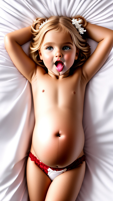 Realistic, detailed, 7-year-old blonde girl, pregnant, white wedding outfit, showing belly, laying in bed, top down full body view, red blush, black skin, mouth open,  in custom style