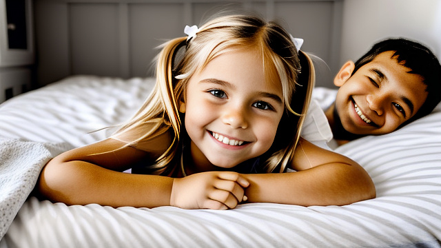 Cute smiling white 10 year blonde girl,  laying in bed, full body shown, next to cute uncle both shown in picture  in custom style