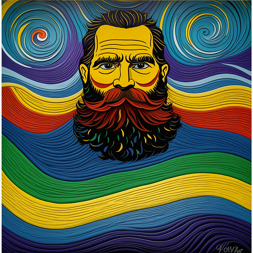 Colorful 35 years man painted cartoon animated surrealistic  100kg (short beard) in neo impressionism style