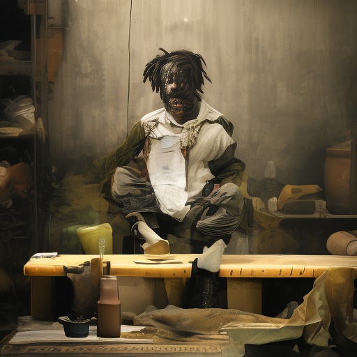 A black rastafarian is sitting on a worktable, smiling happily and smoking. the room is smoky. in custom style