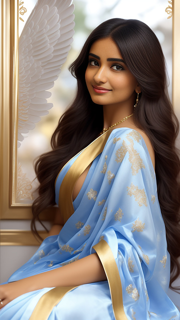 A beautiful young woman with long dark hair sits in a blue, white and gold dress. there's a dove on her finger and a cute indian girl with white skin and light brown hair. wear a pink and gold saree sexy figure staring at a dove on a friend's finger,ue5,naked,big bust,big cleavage,big chest,bare,slender body,white skin,very realistic,full body and smile,the background is bright and bright. in anime style