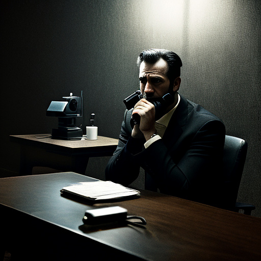 In a dark room, there is a telephone and a gun on the table. a man is sitting on a chair, and he is dead. in custom style