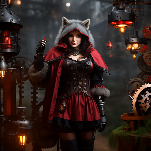 Little red riding hood
talking with an anthropomorphic grey wolf man in steampunk style
