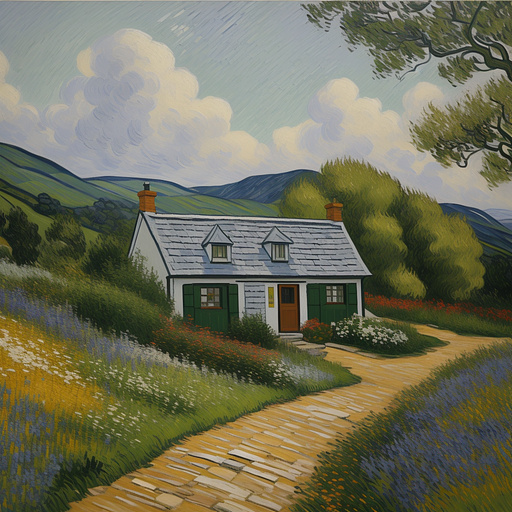 Old irish cottage on a hill with summer flowers and stone fence in neo impressionism style