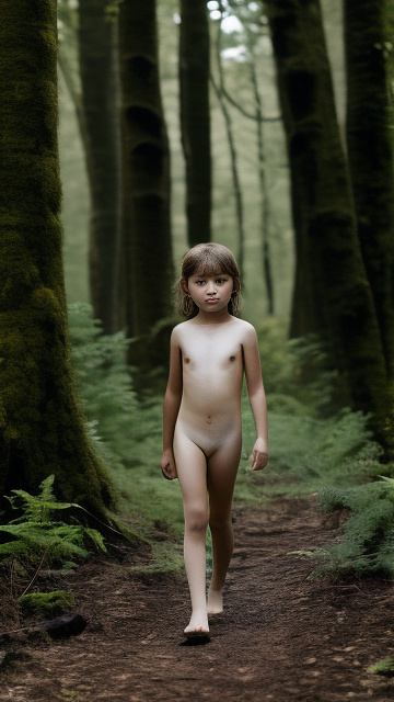 A 9-year-old naked girl is walking through the woods alone. in custom style