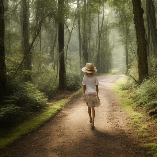 A tired 9-year-old girl is walking along a forest path. it's evening. she has a basket in her hand. she's wearing a panama hat. view from behind. in custom style