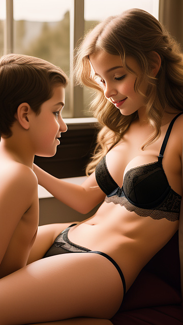 A romantic moment between a childhood couple. the grade-5 sexy hot girl, wearing her french lingerie, does lap dance on the grade-5 boy. in custom style